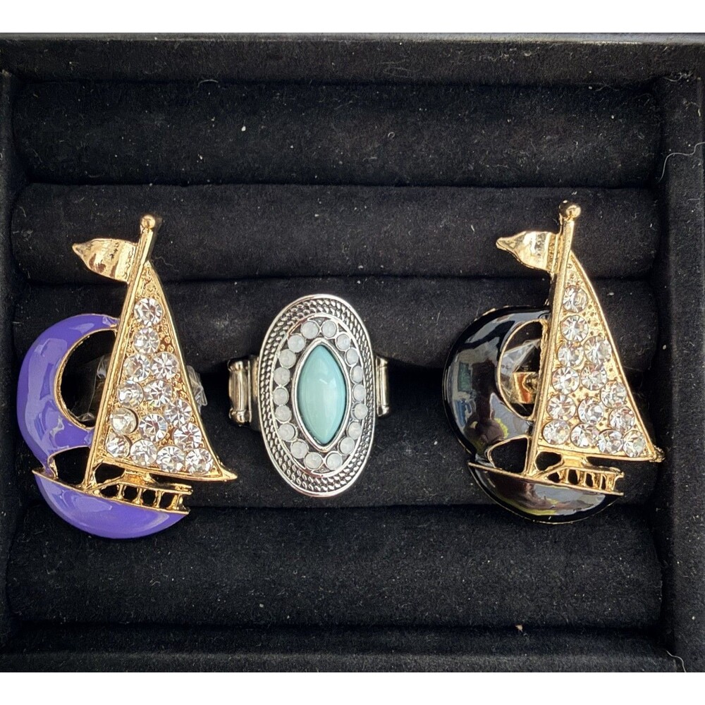 Adjustable Nautical Ring Lot • 3 Pc Sailboat & Faux Turquoise Statement Set